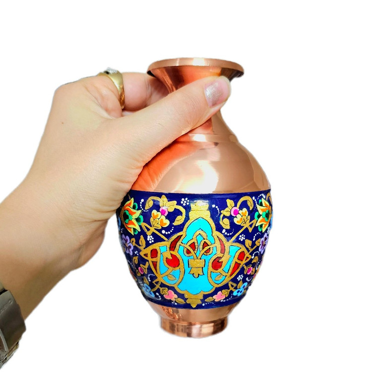 گلدان مسی طرح پرداز طلایی مدل خمره ای ارتفاع 15