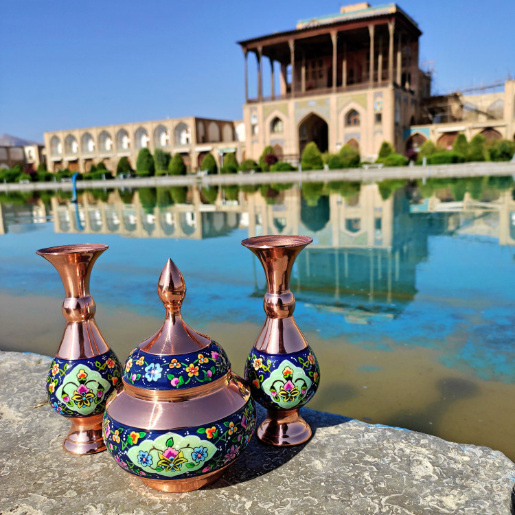 گلدان مس و پرداز 16 سانتی طرح ترنج بسته دو عددی