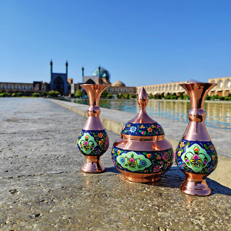 گلدان مس و پرداز 16 سانتی طرح ترنج بسته دو عددی