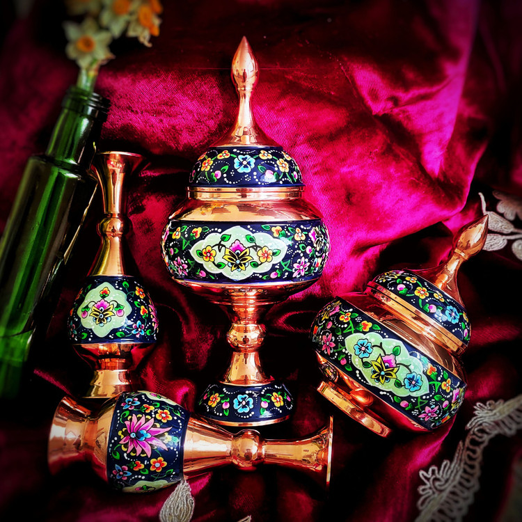گلدان مس و پرداز 16 سانتی طرح ترنج بسته دو عددی
