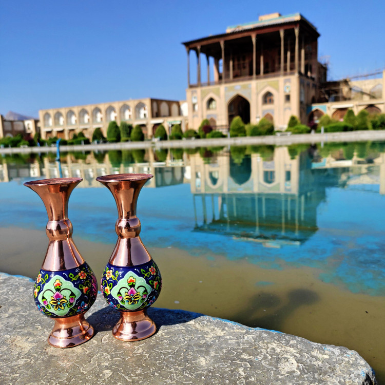 گلدان مس و پرداز 16 سانتی طرح ترنج بسته دو عددی