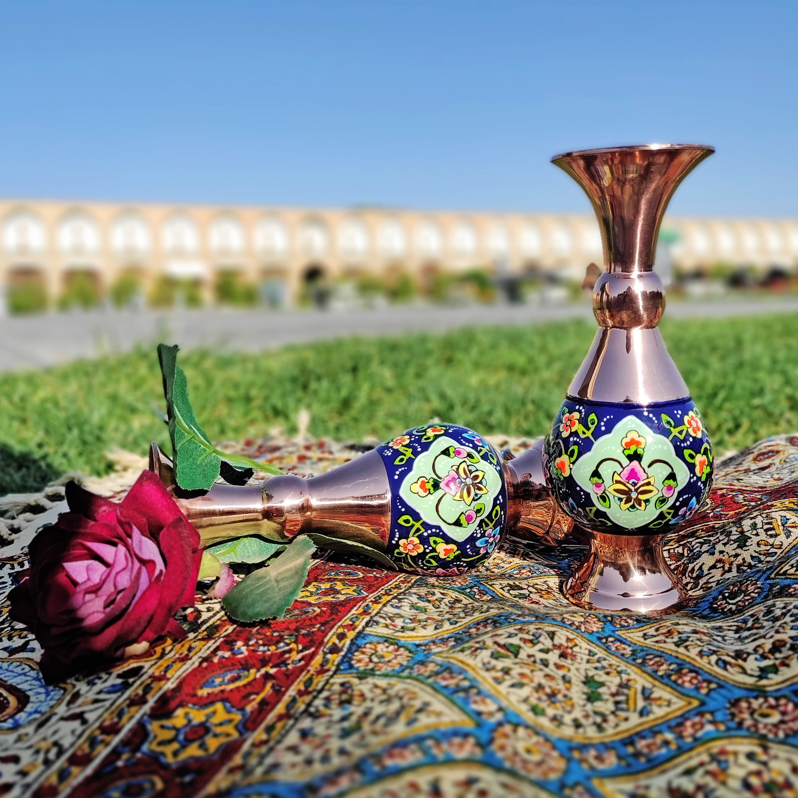 گلدان مس و پرداز 16 سانتی طرح ترنج بسته دو عددی