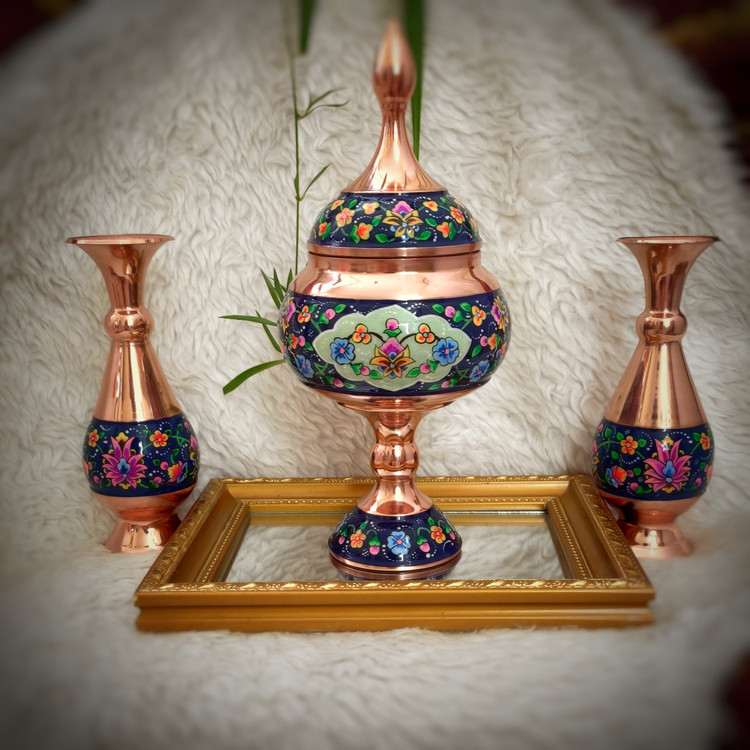 ست گلدان 16 و شکلات خوری پایه دار 23 مس و پرداز