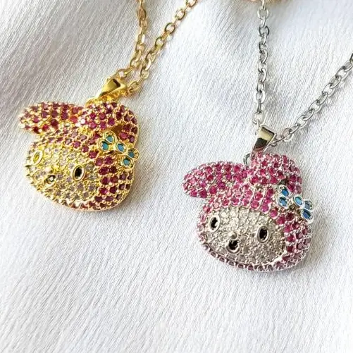 پلاک و آویز گردنبند آبکاری نقره طرح کیتی Hello kitty نگین کاری رنگ ثابت کد amp (پس کرایه)