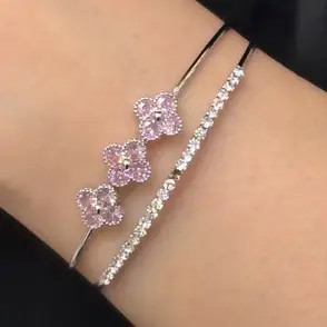 دستبند زنانه و دخترانه آبکاری نقره دولاین نگین تنیسی و ونکلیف رنگ ثابت فری سایز کد agy (پس کرایه)