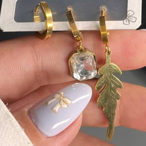 گوشواره استیل زنانه سه عددی طرح پر و حلقه نگین تنوع طرح رنگ ثابت کد tk (پس کرایه)