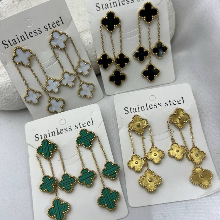 گوشواره آبکاری نقره طرح گل ونکلیف Vancleef آویز رنگ ثابت کد tj (پس کرایه)