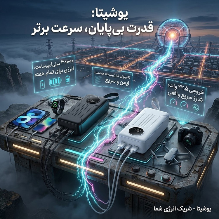 پاوربانک 22.5 وات یوشیتا مدل YP-036 ظرفیت 30000 میلیآمپرساعت به همراه کابل USB-C به USB-C