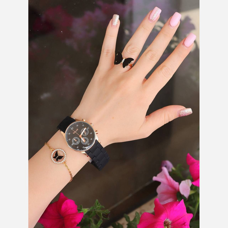 ست ساعت و دستبند و انگشتر دخترانه و زنانه طرح پروانه ساعت بند سیلیکونی walar