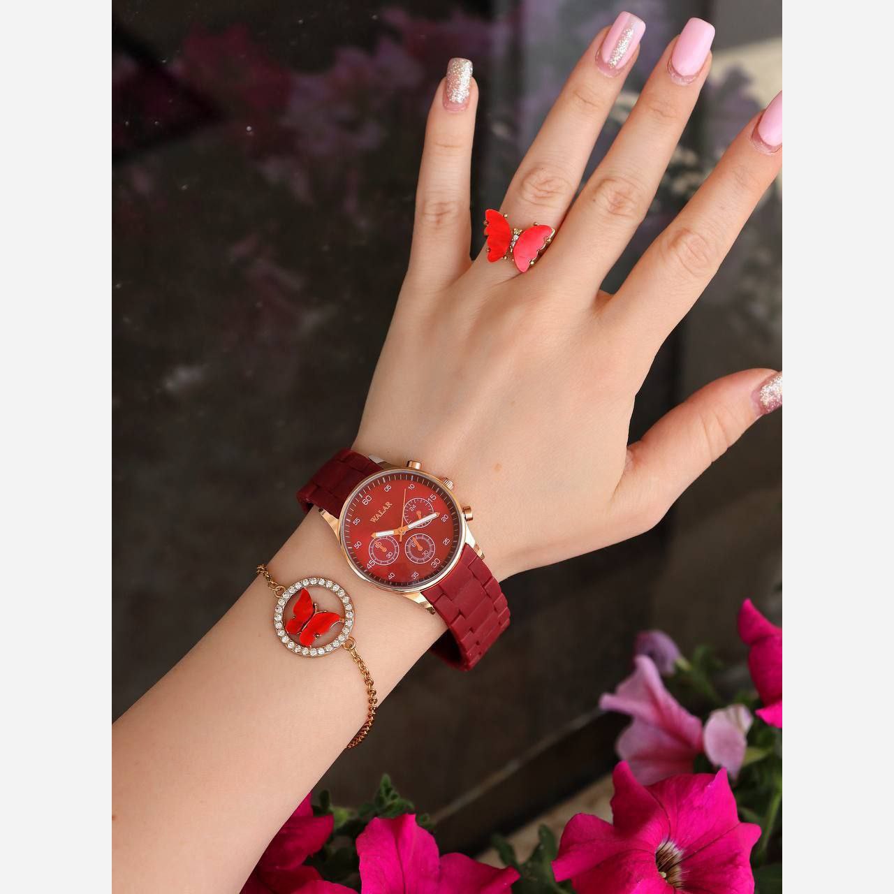 ست ساعت و دستبند و انگشتر دخترانه و زنانه طرح پروانه ساعت بند سیلیکونی walar