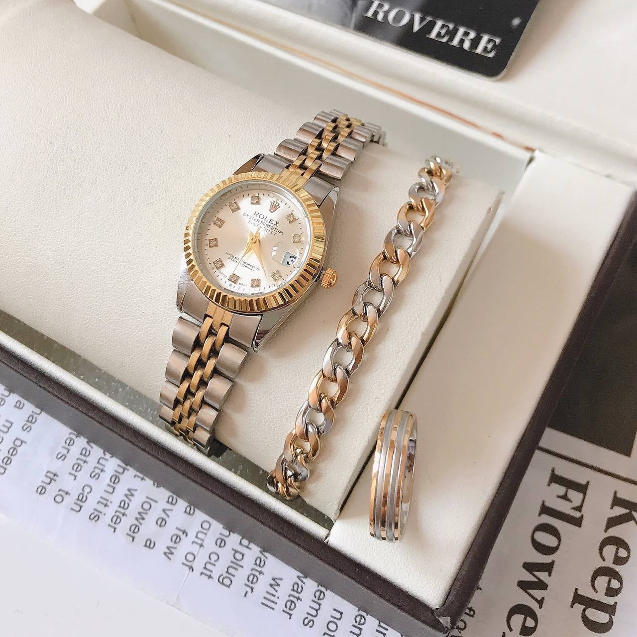ست ساعت و دستبند و حلقه زنانه مارک ROLEX دو رنگ
