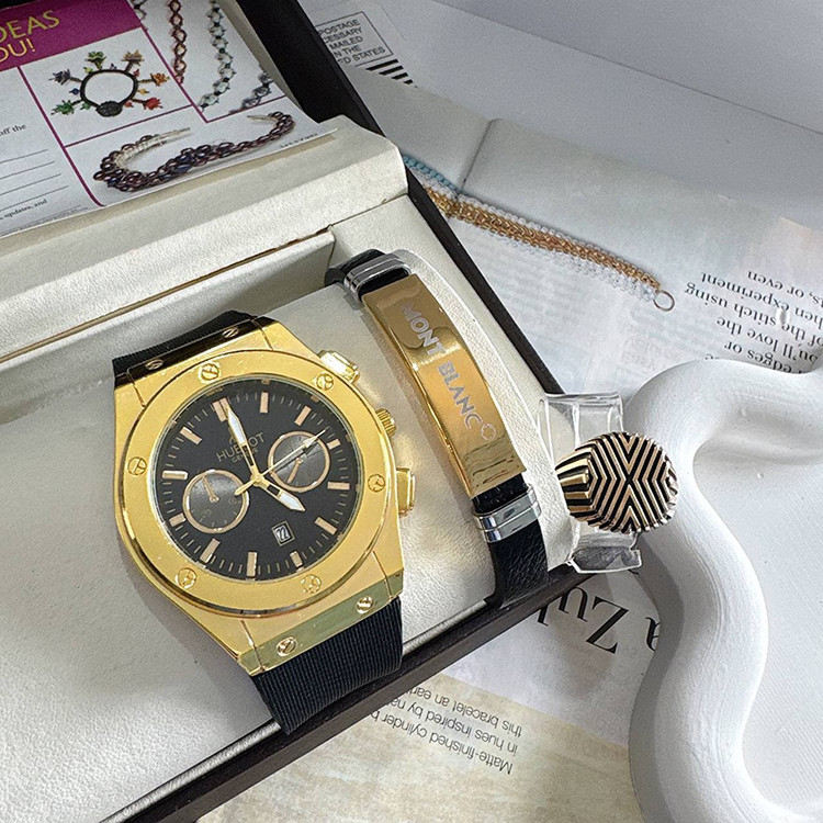 ست ساعت مردانه با دستبند چرم و انگشتر ساعت مارک HUBLOT