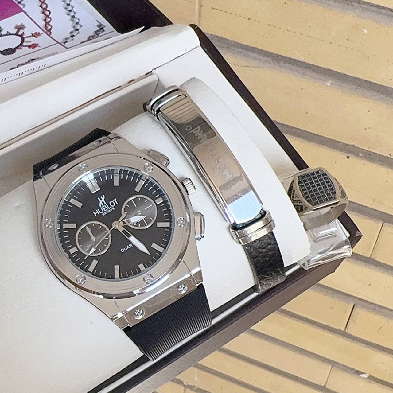 ست ساعت مردانه با دستبند چرم و انگشتر ساعت مارک HUBLOT