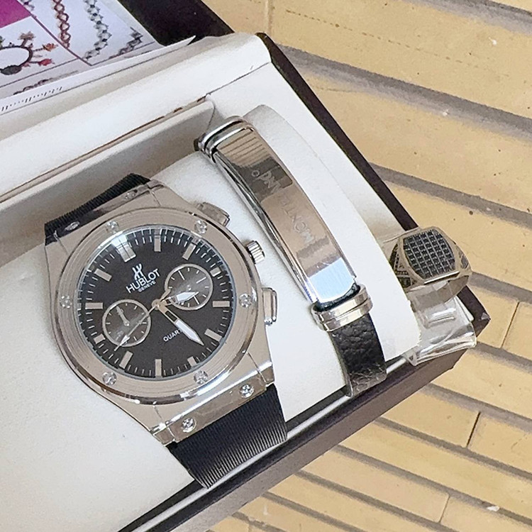 ست ساعت مردانه با دستبند چرم و انگشتر ساعت مارک HUBLOT