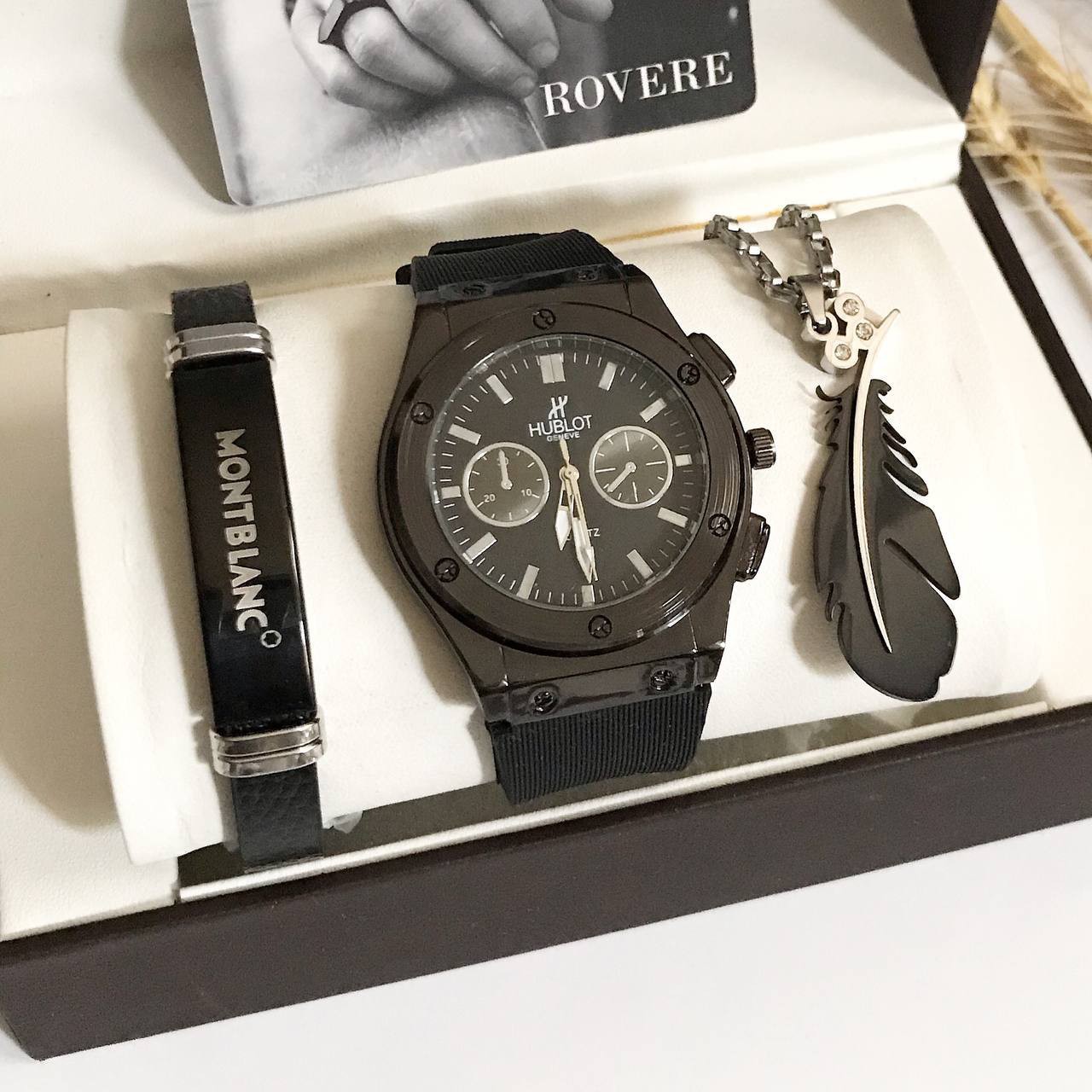 ست ساعت و دستبند و گردنبند طرح پر ساعت مارک HUBLOT