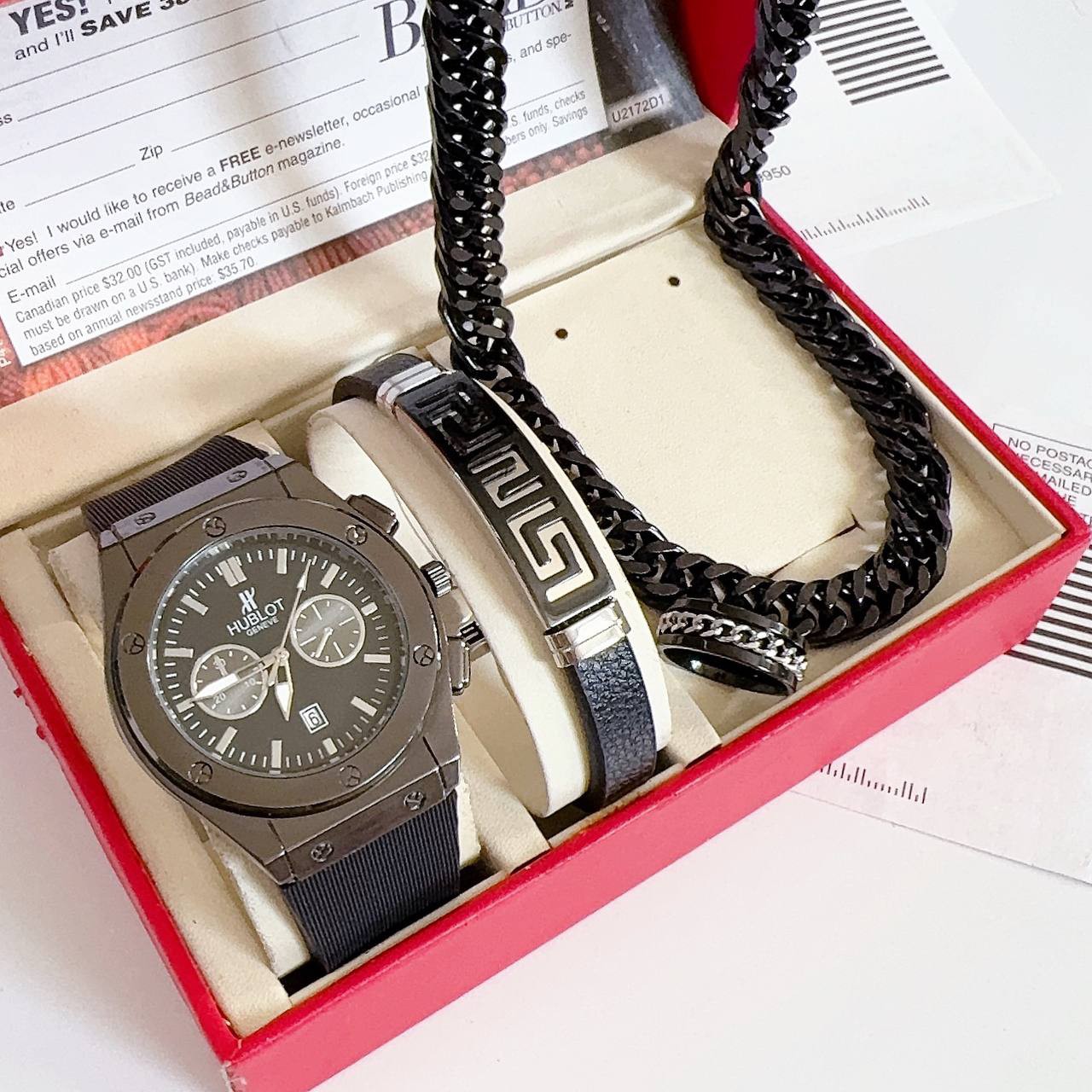 ست ساعت مردانه با دستبند و گردنبند و انگشتر ساعت تاریخدار مارک HUBLOT