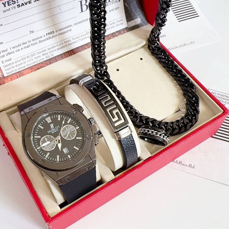 ست ساعت مردانه با دستبند و گردنبند و انگشتر ساعت تاریخدار مارک HUBLOT