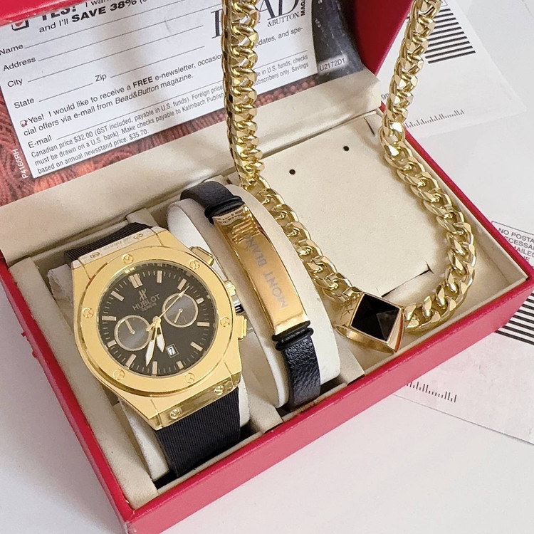 ست ساعت مردانه با دستبند و گردنبند و انگشتر ساعت تاریخدار مارک HUBLOT
