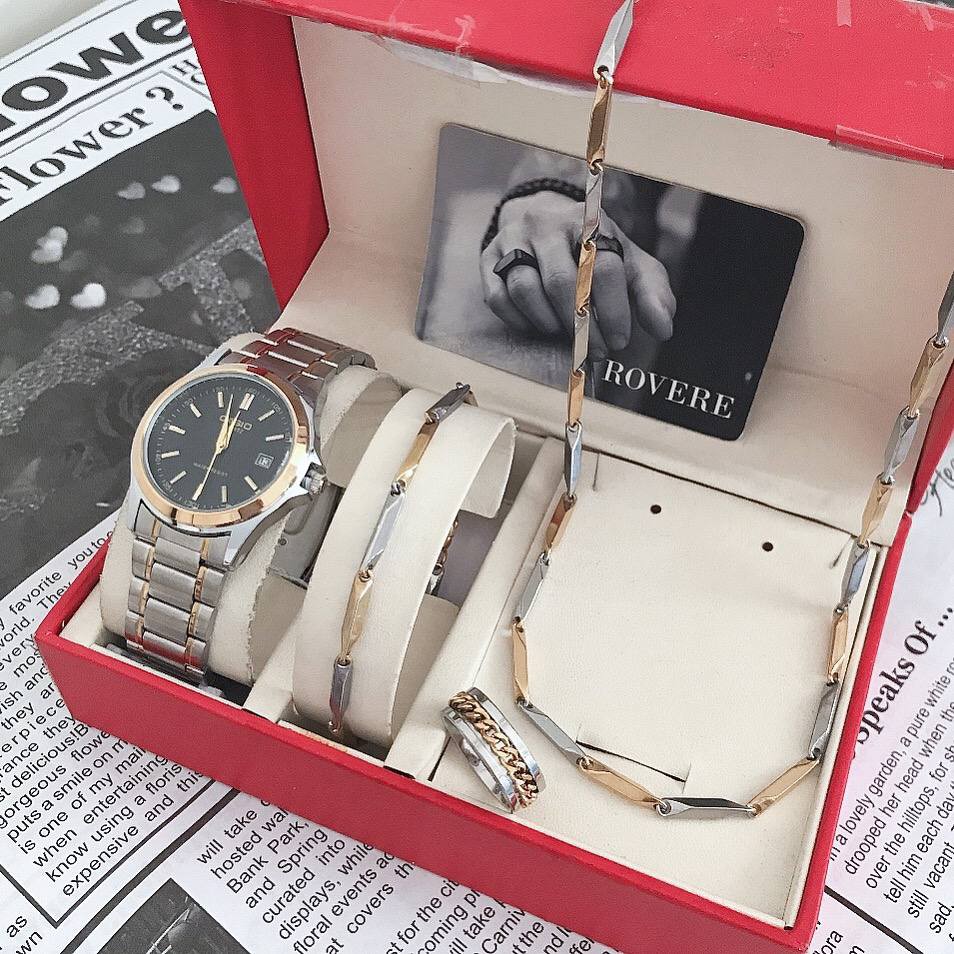 ست ساعت و دستبند و گردنبند و انگشتر مردانه و پسرانه طرح کبریتی ساعت مارک CASIO دو رنگ