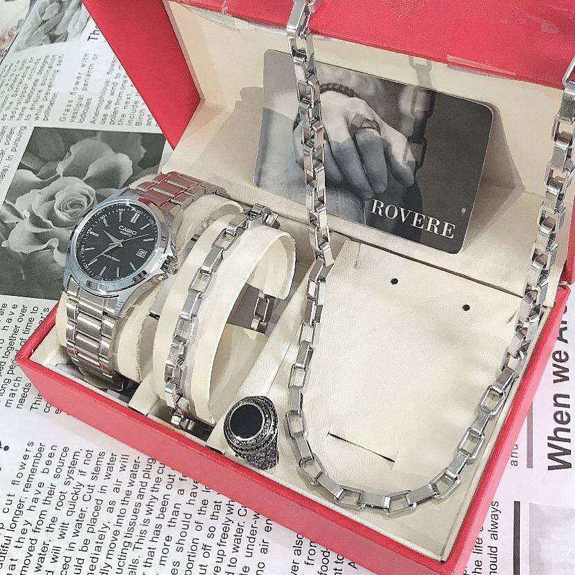 ست ساعت و دستبند و انگشتر و گردنبند مردانه ساعت مارک CASIO