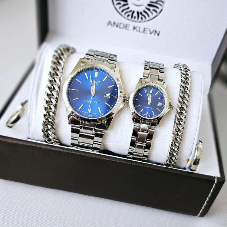 ست ساعت زنانه و مردانه زوجی مارک CASIO تقویم دار با دستبند کارتیر و حلقه ست در سه رنگ بندی