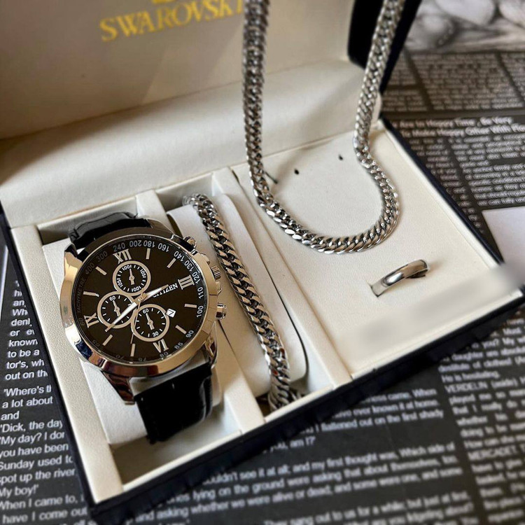 ست ساعت و دستبند و گردنبند و حلقه مردانه ساعت تاریخدار مارک CITIZEN