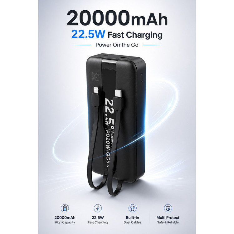 پاوربانک 22.5 وات یوشیتا مدل YP-021 ظرفیت 20000 میلیآمپرساعت به همراه سه عدد کابل USB-C/ لایتنینگ / USB-C