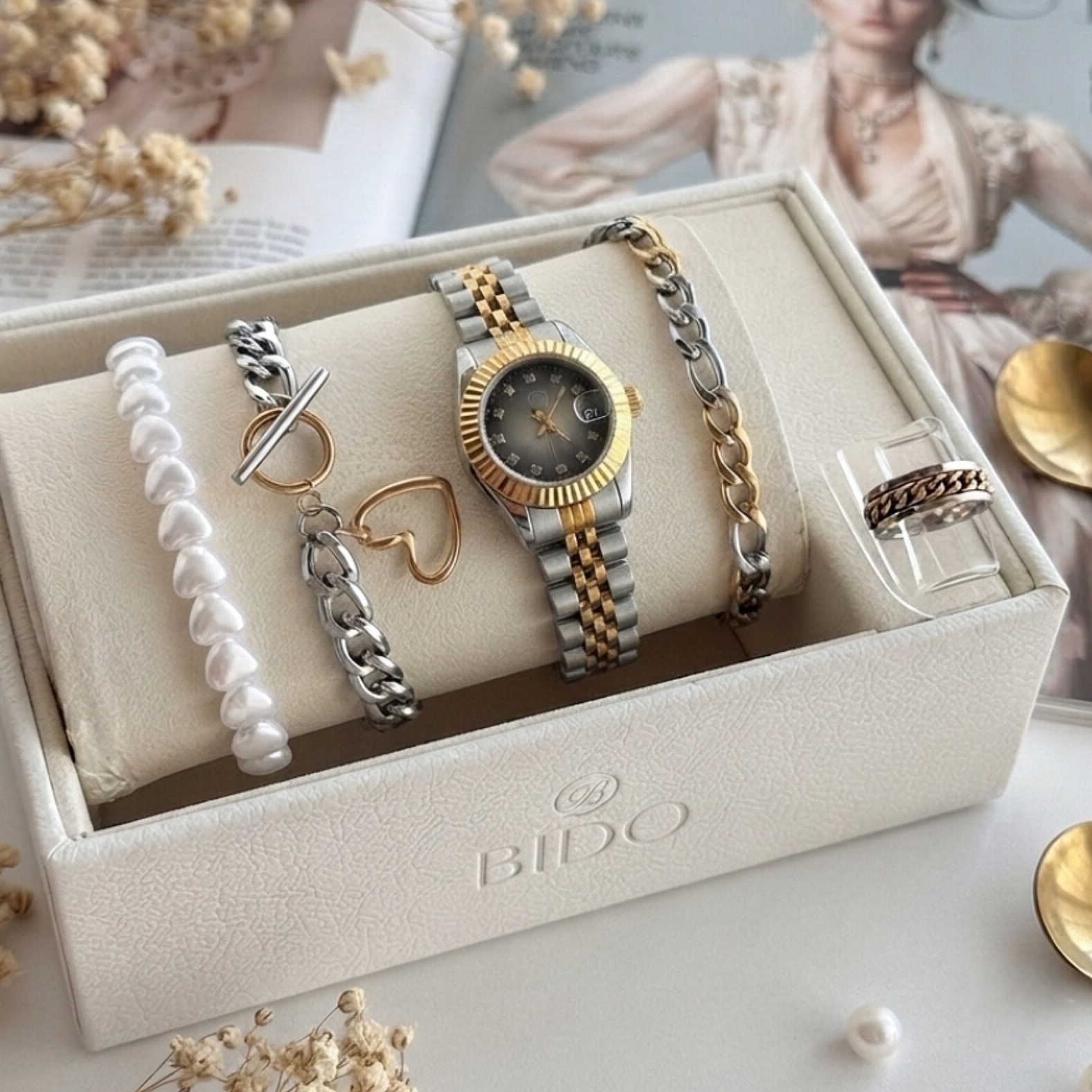 ست کامل زنانه و دخترانه ساعت مارک Bido طرح رولکس Rolex و سه دستبند کارتیر و مرواریدی و تنیسی ارسال رایگان