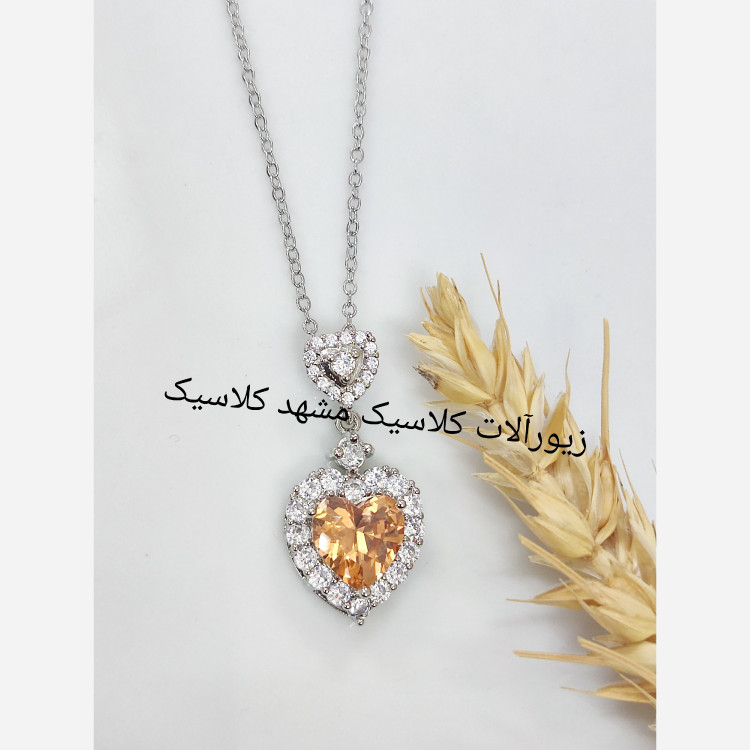 گردنبند استیل نگین طرح سیترین قلبی نقره ای
