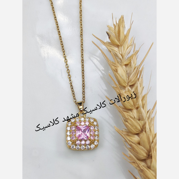 گردنبند استیل نگین صورتی طلایی شیک