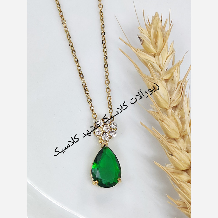 گردنبند استیل نگین سبز اشکی خفن ساده