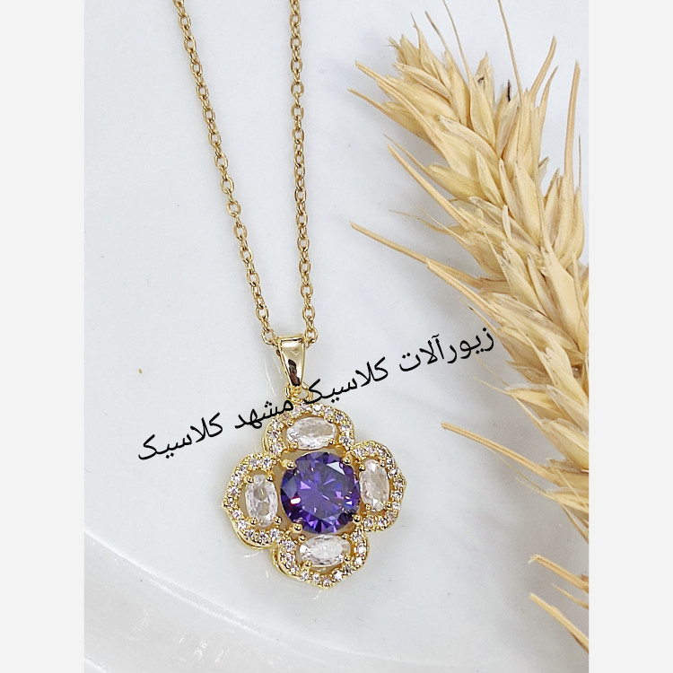 گردنبند استیل نگین بنفش طلایی خاص و شیک