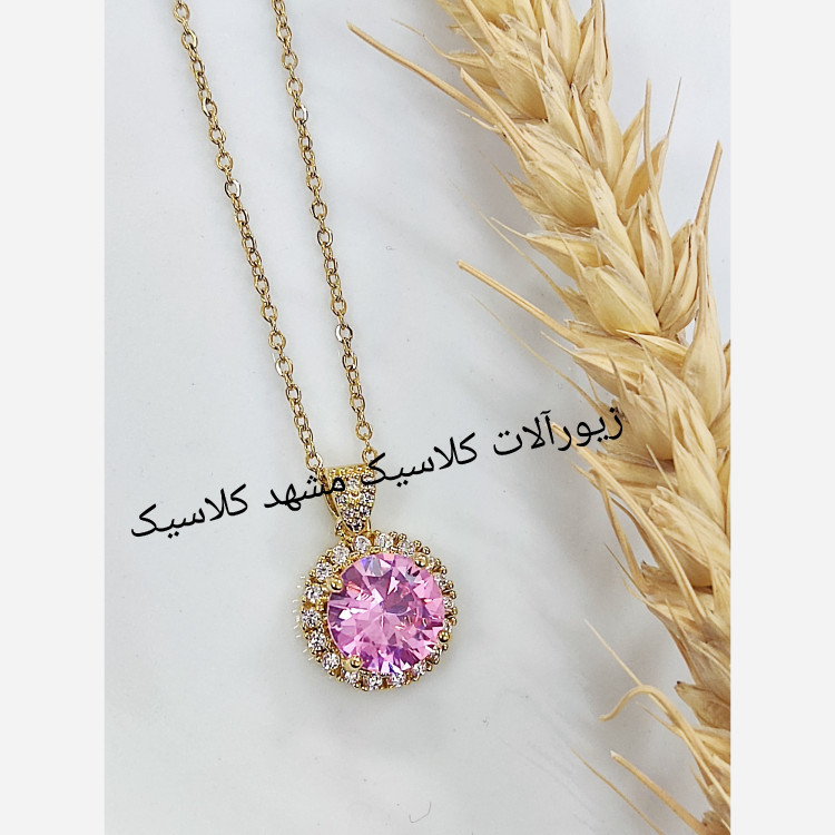 گردنبند استیل نگین صورتی دایره شکل خفن