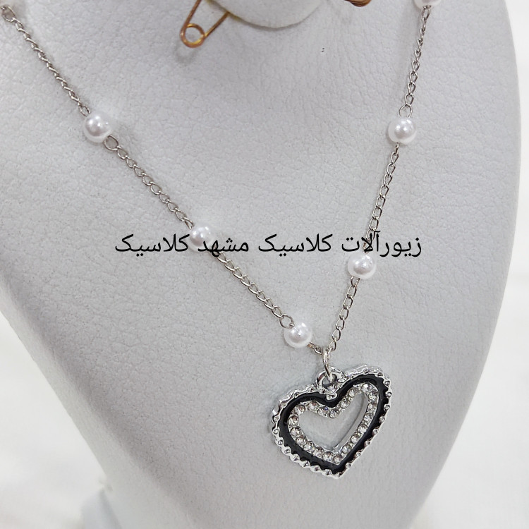 گردنبند مروارید آویز قلب نقره ای