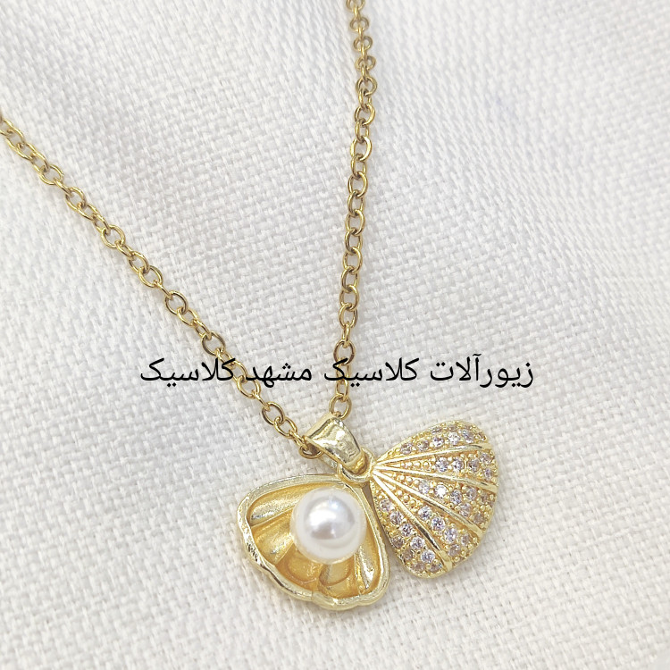 گردنبند صدف طلایی استیل مرواریدی