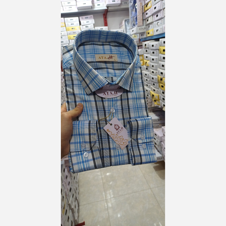 پیراهن مردانه چهارخونه زمینه سفیدو آبی و مشکی کد405