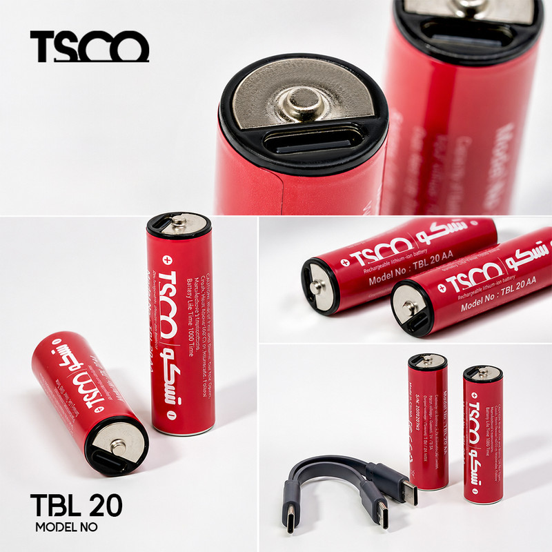 باتری قلمی شارژی تسکو مدل TBL 20 با درگاه USB-C به همراه کابل شارژ بسته دو عددی