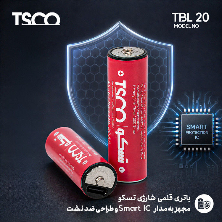 باتری قلمی شارژی تسکو مدل TBL 20 با درگاه USB-C به همراه کابل شارژ بسته دو عددی