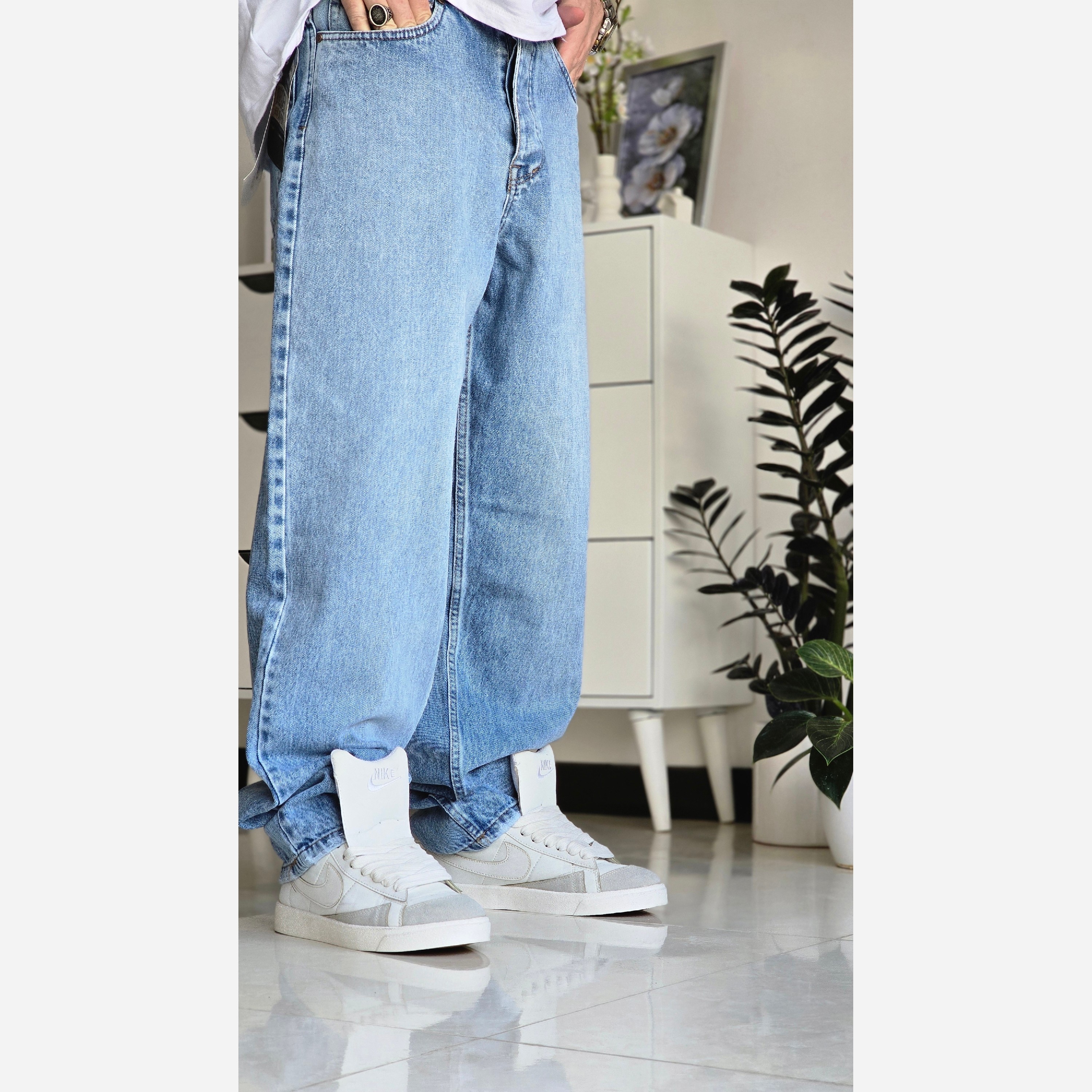 شلوار جین نیم بگ پارچه ترک مردانه قد 120سایز 40تا48