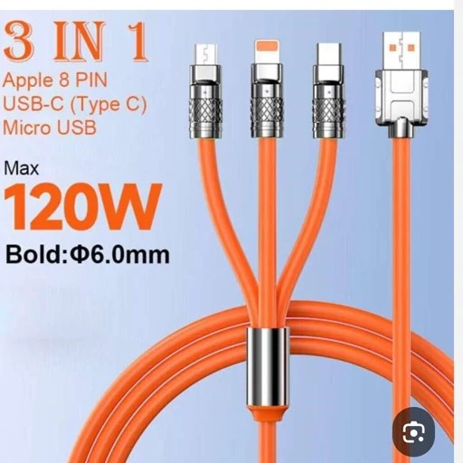 کابل 3 در 1 سوپر فست شارژ توربو 120 واتی چراغدار