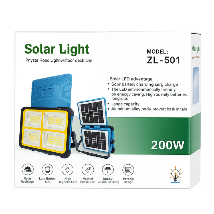 پرژکتور خورشیدی 200 وات ZL-501 پاوربانکدار با 4 باتری