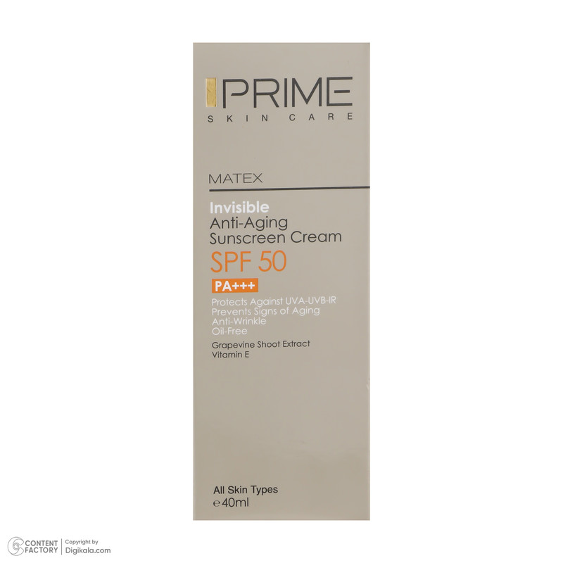 کرم ضد آفتاب و ضد چروک بی رنگ پرایم مدل Matex Colorless SPF50 مناسب انواع پوست حجم 40 میلی لیتر