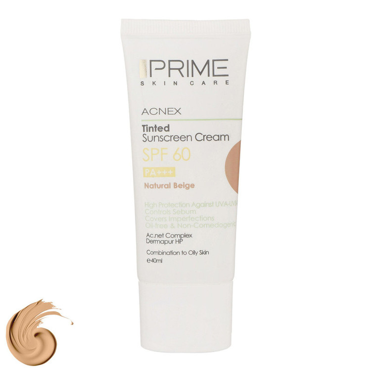 کرم ضدآفتاب رنگی پرایم مدل Acnex Beige SPF60، مناسب پوستهای چرب، حجم 40 میلیلیتر