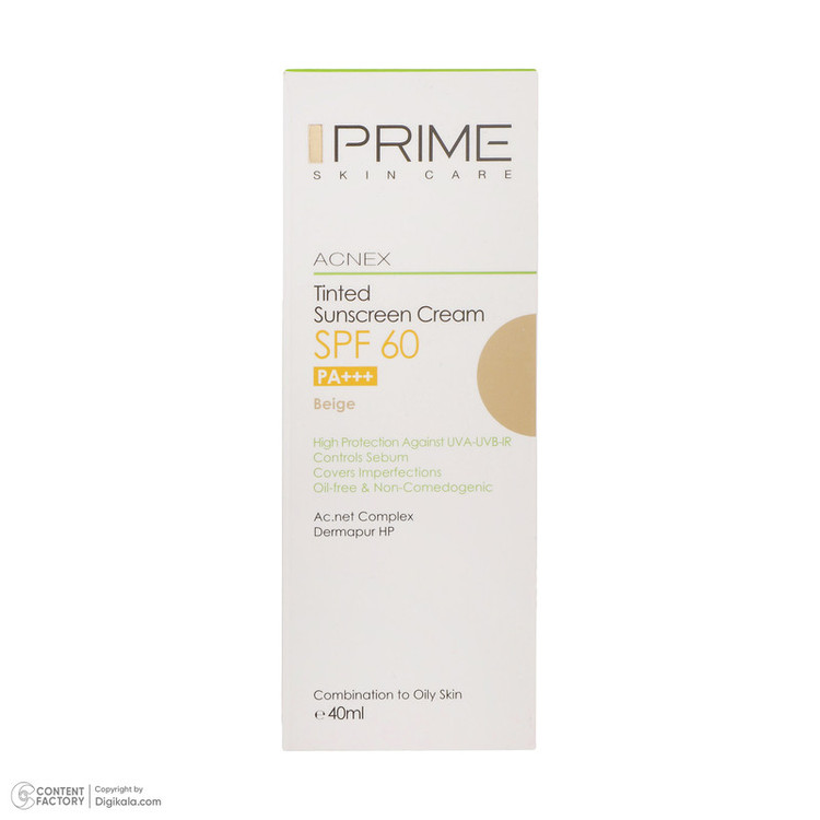 کرم ضدآفتاب رنگی پرایم مدل Acnex Beige SPF60، مناسب پوستهای چرب، حجم 40 میلیلیتر