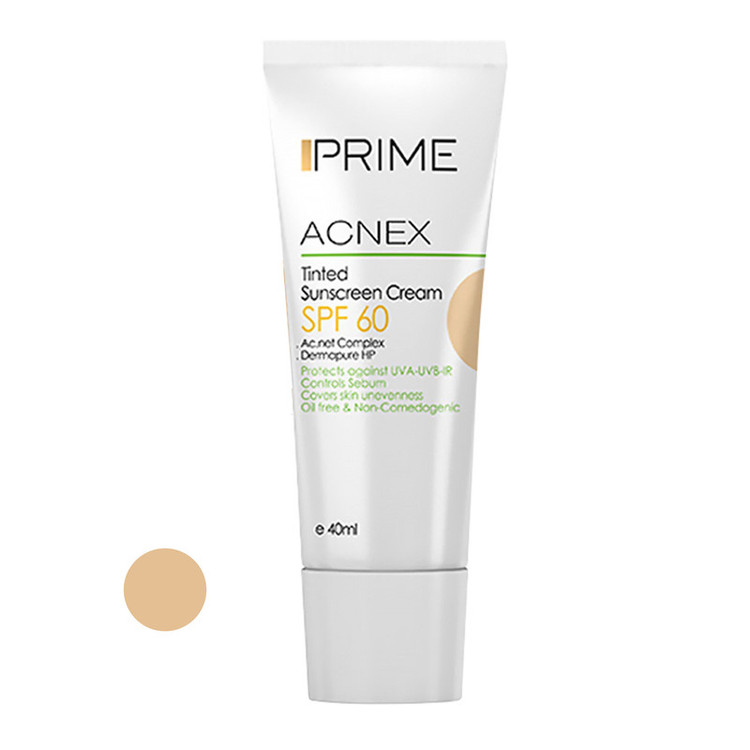 کرم ضدآفتاب رنگی پرایم مدل Acnex SPF60، مناسب پوستهای چرب، حجم 40 میلیلیتر