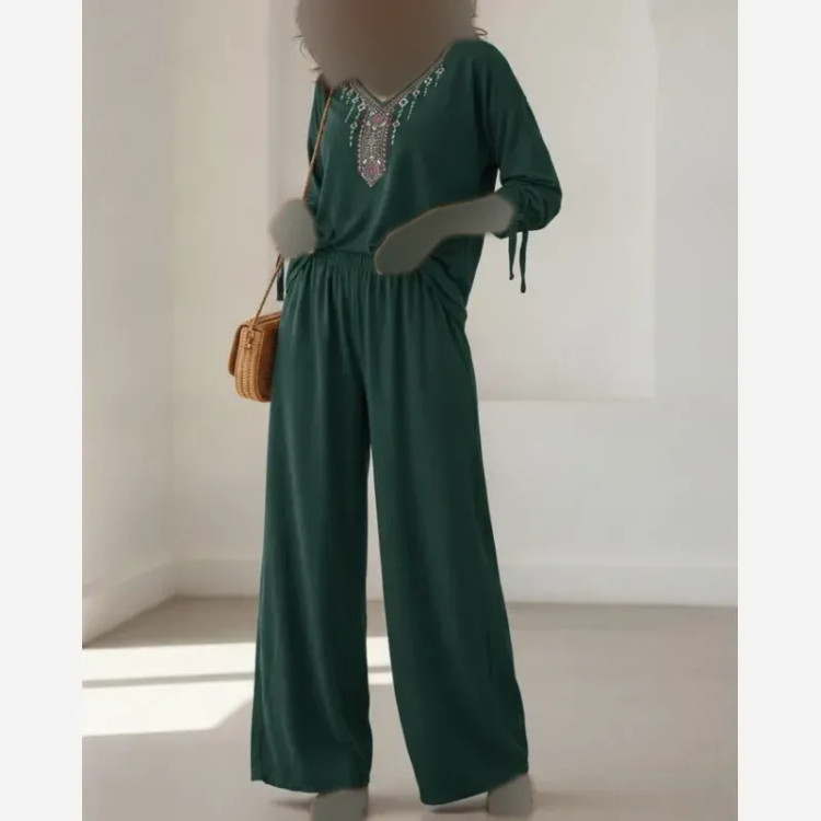 بلوز و شلوار نخی زنانه سبز یشمی فری سایز (2)