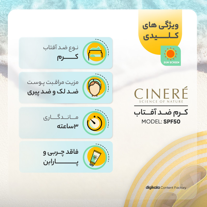 کرم ضدآفتاب بیرنگ سینره مدل SPF50 مناسب پوست چرب، حجم 50 میلیلیتر