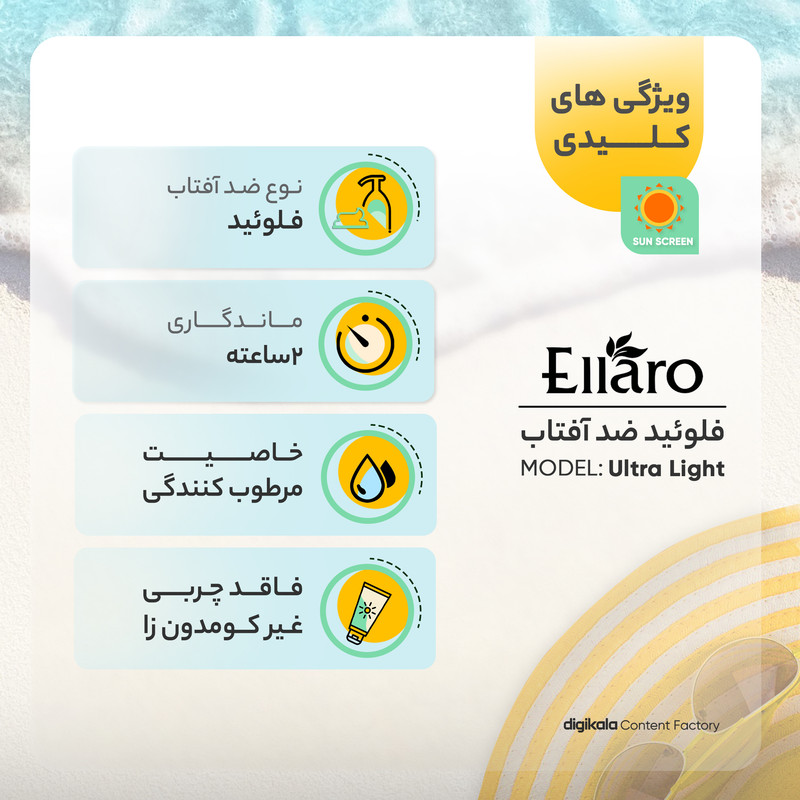 فلوئید ضد آفتاب بدون رنگ الارو SPF50 مدل Ultra Light تحت لیسانس محافظ UVA ،UVB، مرطوبکننده مناسب پوستهای چرب و مختلط حجم 50 میلیلیتر