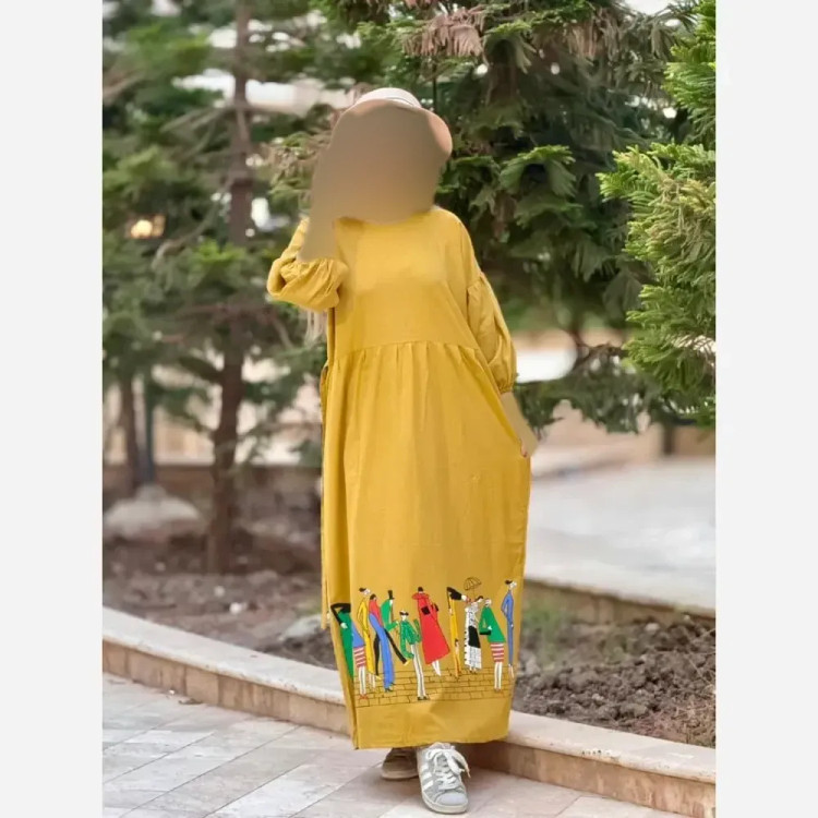پیراهن لینن زنانه طرح سرخپوستی فری سایز قد 135 (2)