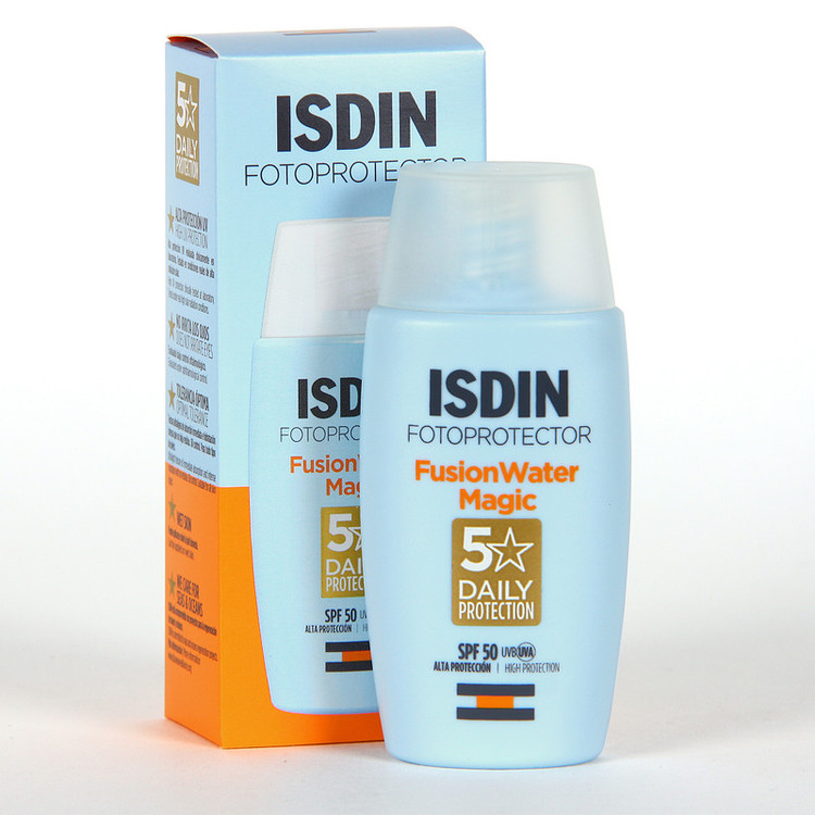 فلوئید ضدآفتاب بدون رنگ ایزدین SPF50 مدل Fusion Water Magic مناسب انواع پوست، حجم 50 میلیلیتر